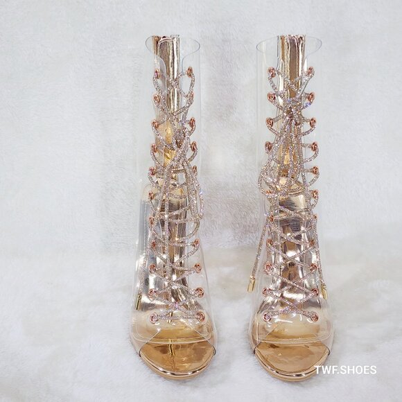 See Me Rose Gold Rhinestone Laces Heels Clear Upper Open Toe Ankle Boots NEW - Picture 11 of 13